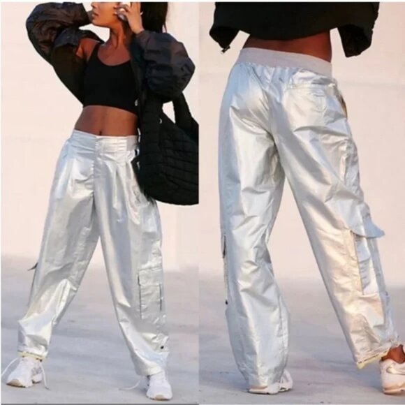 FREE PEOPLE FP MOVEMENT MESMERIZE ME SHINE STADIUM PANTS CARGO BAGGY METALLIC XS - Picture 2 of 9